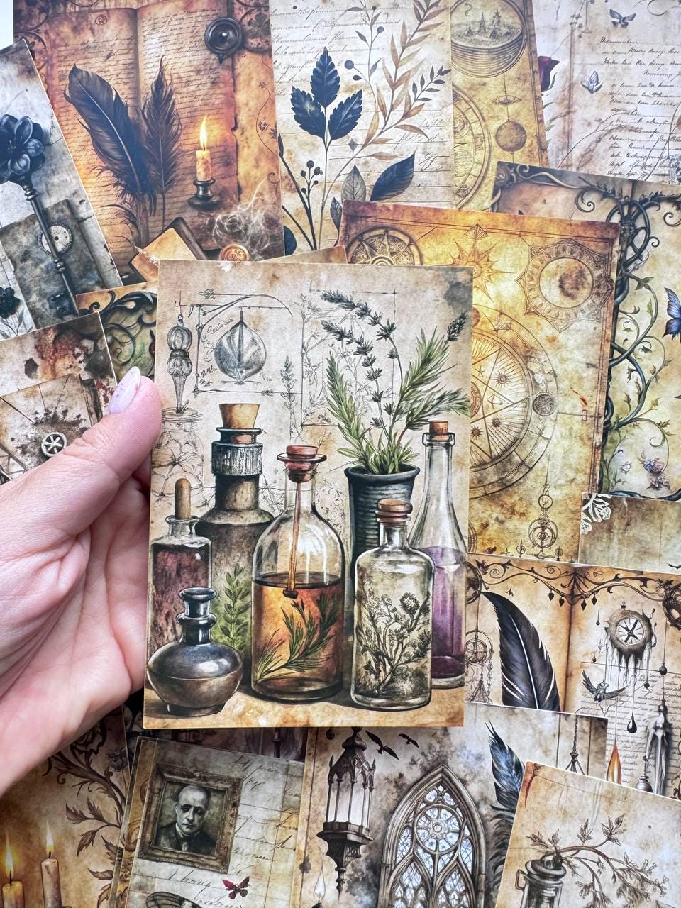 Set of 20 Vintage Mystical Postcards, Witchy Botanical & Celestial Cards, Gothic Junk Journal Ephemera, Antique Paper Craft, 14.5 x 10 cm