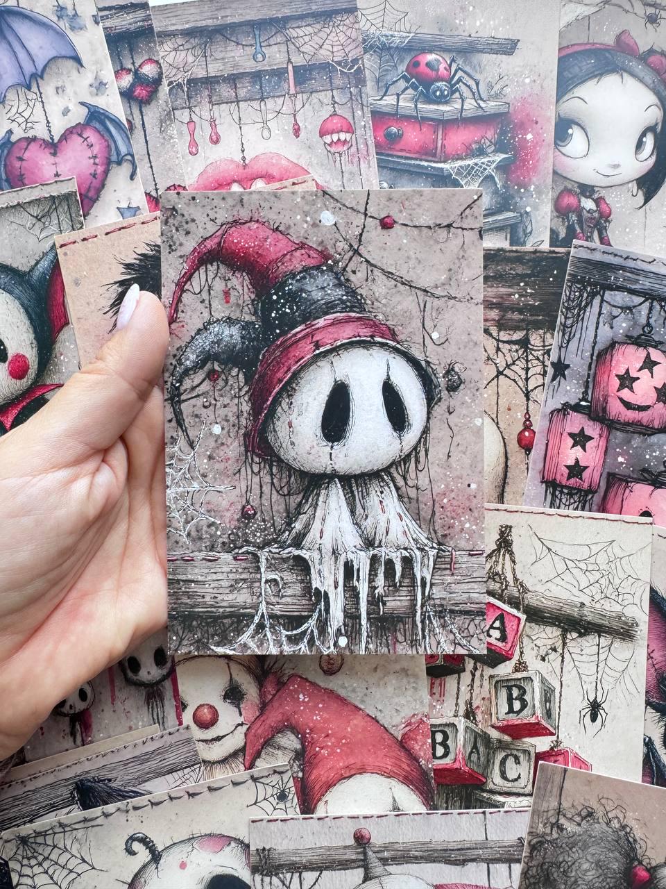 Set of 20 Cute Gothic Halloween Postcards, Spooky Bunny & Doll Cards, Pink Black Creepy Cute Ephemera, Junk Journal Supplies, 14.5 x 10 cm
