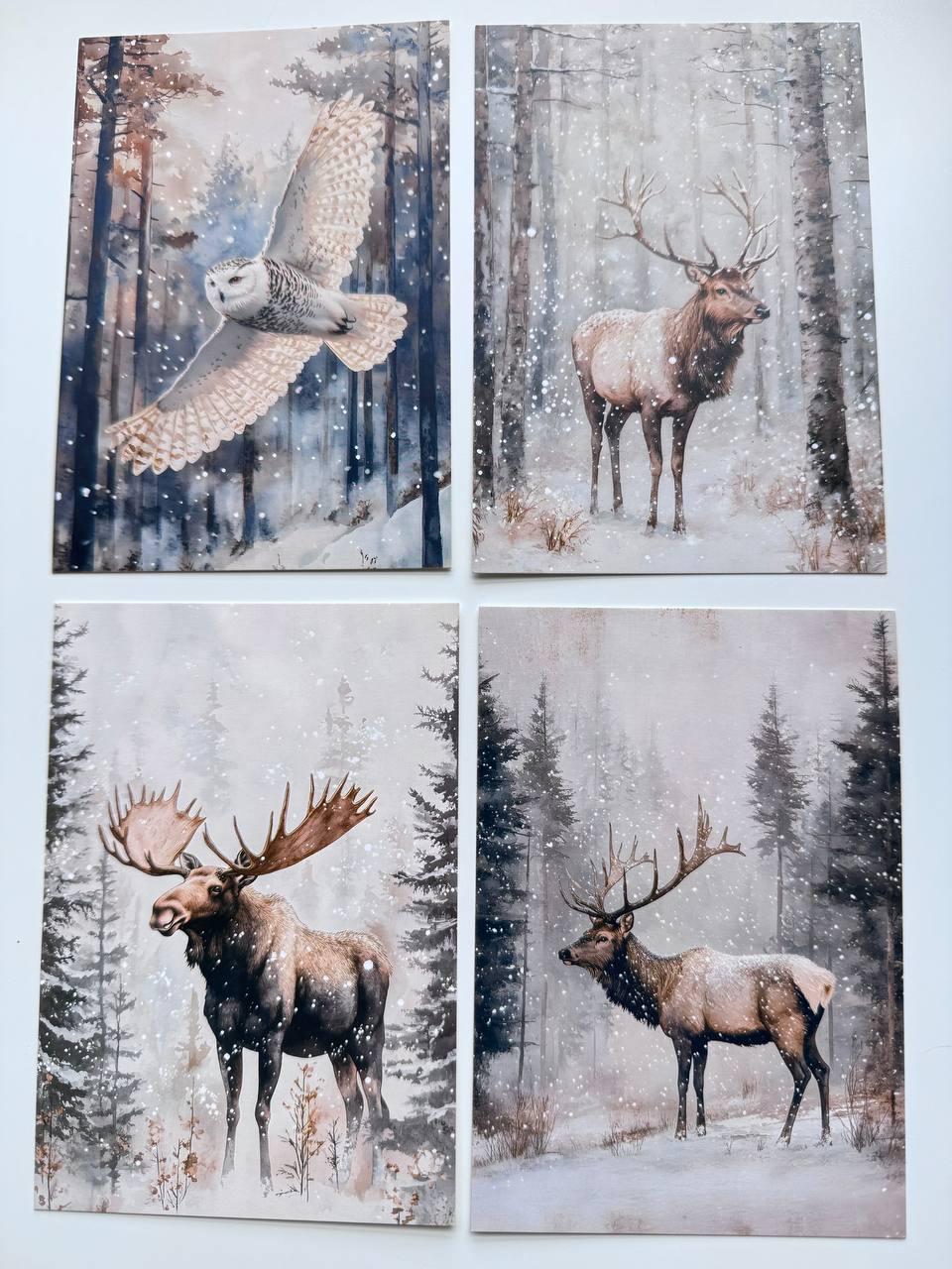 Set of 20 Winter Woodland Postcards, Forest Animals, Fox Deer Owl Wildlife Cards, Junk Journal Ephemera, 14.5 x 10 cm