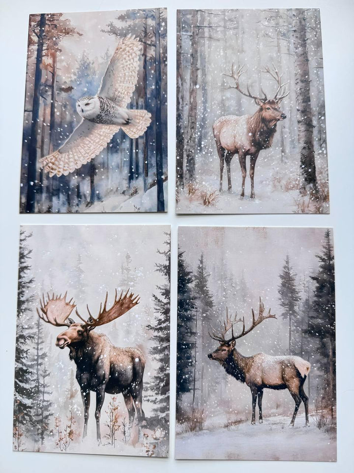 Set of 20 Winter Woodland Postcards, Forest Animals, Fox Deer Owl Wildlife Cards, Junk Journal Ephemera, 14.5 x 10 cm