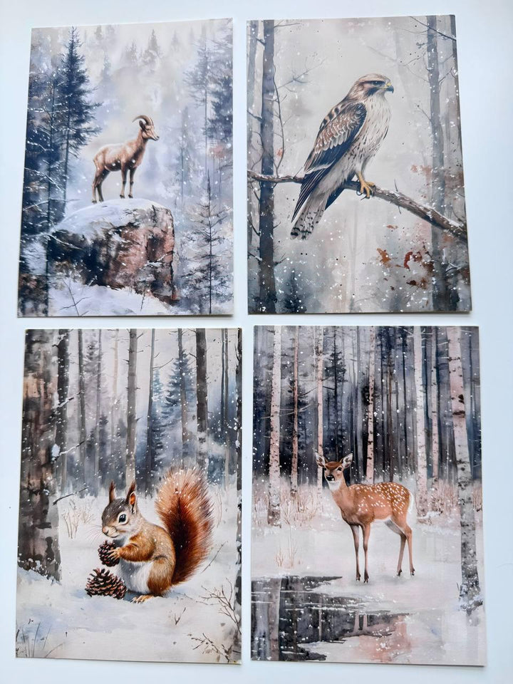 Set of 20 Winter Woodland Postcards, Forest Animals, Fox Deer Owl Wildlife Cards, Junk Journal Ephemera, 14.5 x 10 cm