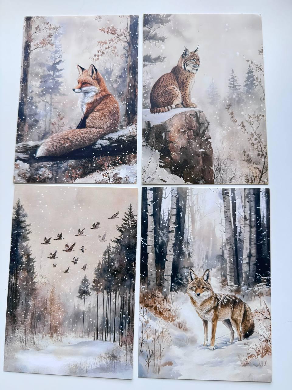 Set of 20 Winter Woodland Postcards, Forest Animals, Fox Deer Owl Wildlife Cards, Junk Journal Ephemera, 14.5 x 10 cm