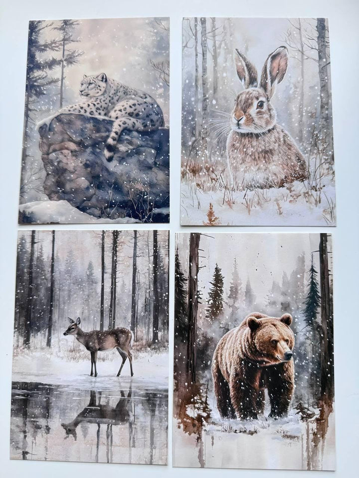 Set of 20 Winter Woodland Postcards, Forest Animals, Fox Deer Owl Wildlife Cards, Junk Journal Ephemera, 14.5 x 10 cm
