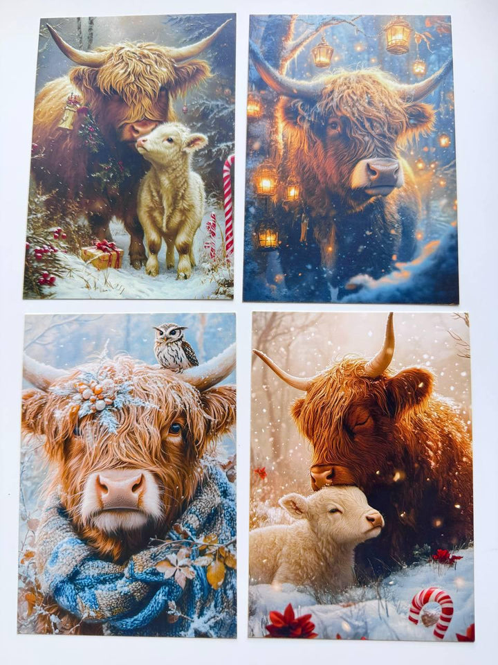Set of 20 Highland Cow Winter Postcards, Christmas Highland Cattle Cards, Scottish Cow Journal Ephemera, 14.5 x 10 cm