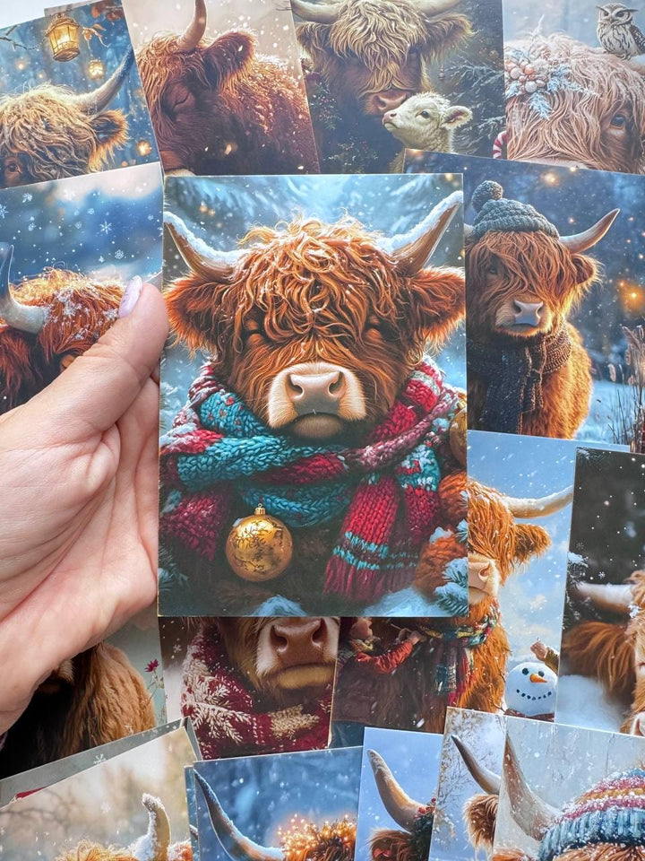 Set of 20 Highland Cow Winter Postcards, Christmas Highland Cattle Cards, Scottish Cow Journal Ephemera, 14.5 x 10 cm