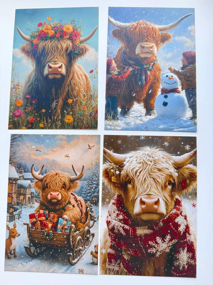 Set of 20 Highland Cow Winter Postcards, Christmas Highland Cattle Cards, Scottish Cow Journal Ephemera, 14.5 x 10 cm