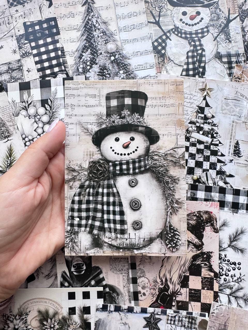 Set of 20 Black & White Christmas Postcards, Snowman Buffalo Check Cards, Farmhouse Holiday Journal Ephemera 14.5 x 10 cm