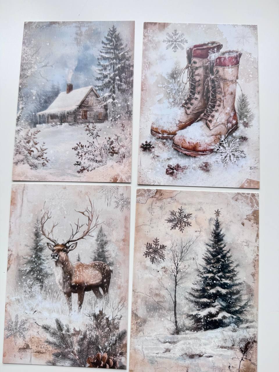 Set of 20 Vintage Winter Postcards, Snowy Forest & Christmas Cards, Snow Globe Ephemera, Junk Journal Supplies, 14.5 x 10 cm
