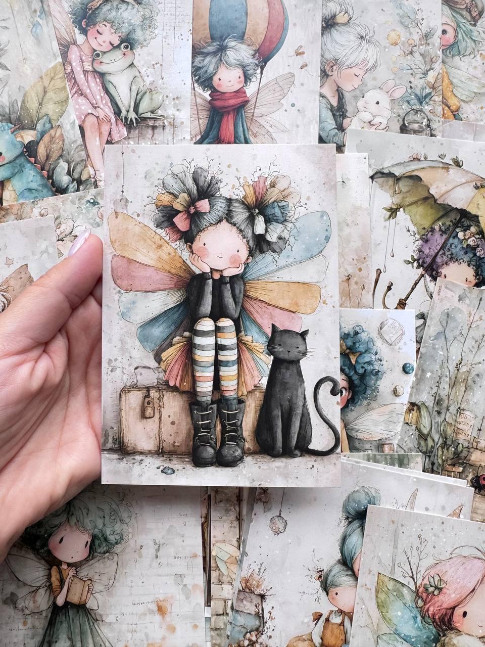 Set of 20 Whimsical Fairy Postcards, Cute Fantasy Girls, Woodland Creatures, Storybook Art Cards, Junk Journal Scrapbooking Ephemera