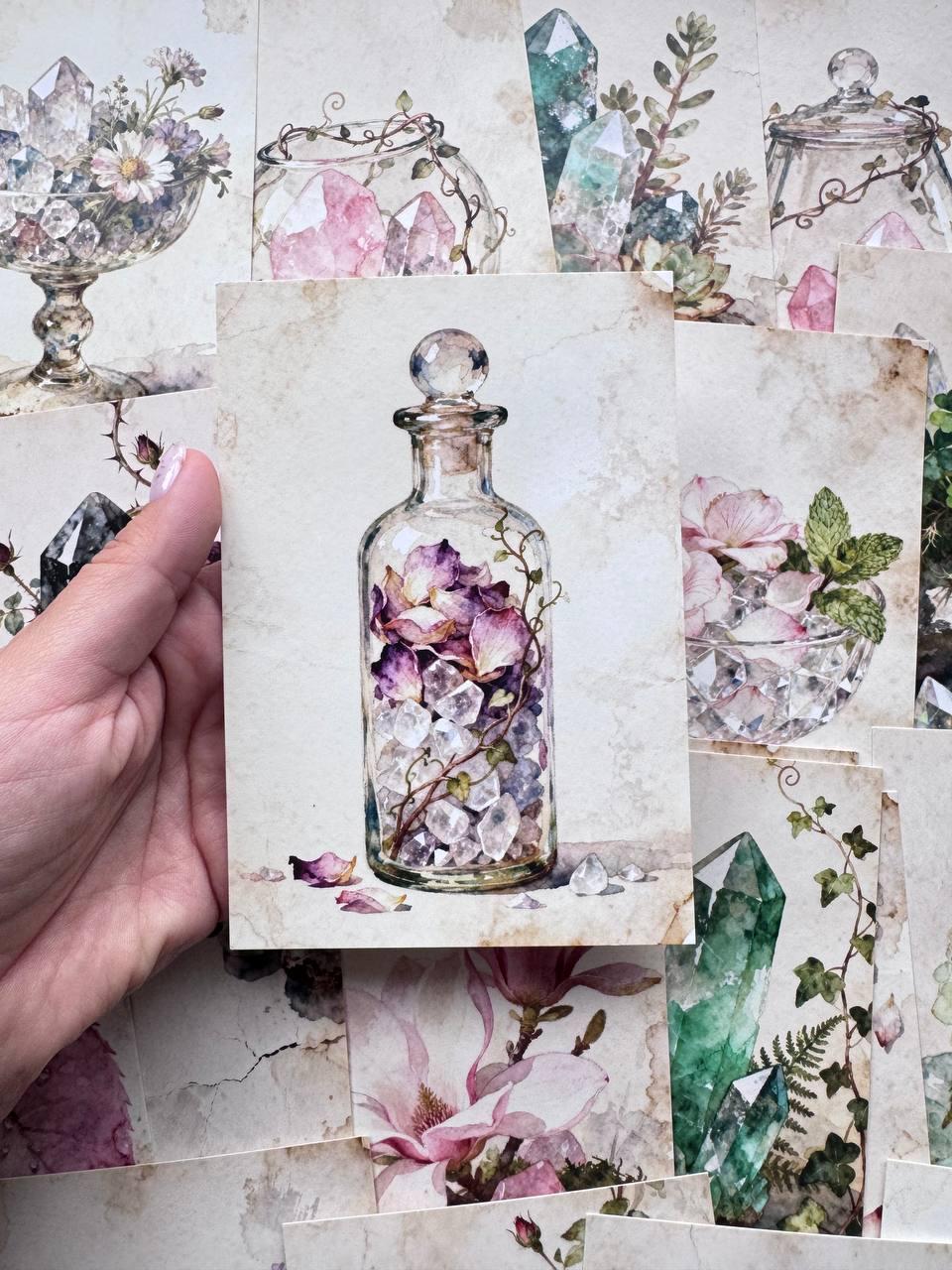 Set of 20 Crystal Botanical Postcards, Gemstone Art Cards, Boho Mystic Ephemera, Junk Journal Scrapbooking Cards, 14.5 x 10 cm
