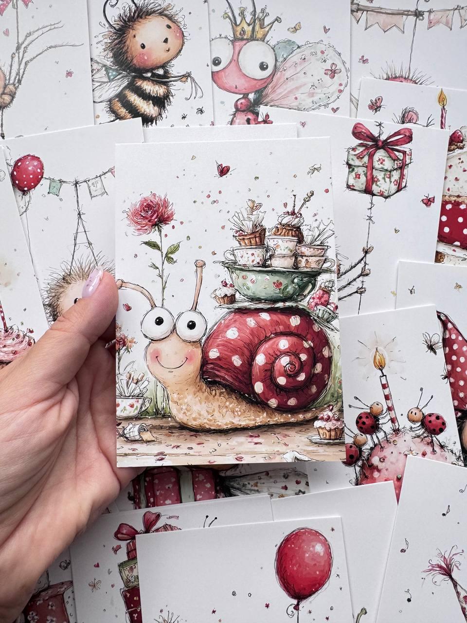 Set of 20 Cute Whimsical Postcards, Snail Bee Birthday Cards, Celebration Illustrations, Junk Journal Scrapbooking Supplies, 14.5 x 10 cm