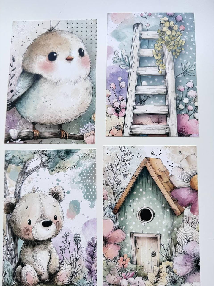 Set of 20 Whimsical Woodland Postcards, Cute Fairy Girl & Animal Cards, Junk Journal Ephemera, Scrapbooking Supplies, 14.5 x 10 cm