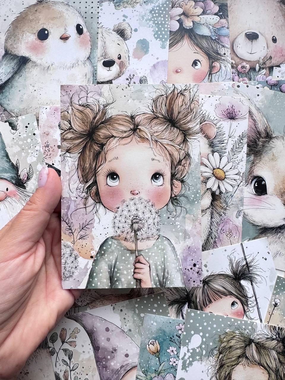 Set of 20 Whimsical Woodland Postcards, Cute Fairy Girl & Animal Cards, Junk Journal Ephemera, Scrapbooking Supplies, 14.5 x 10 cm
