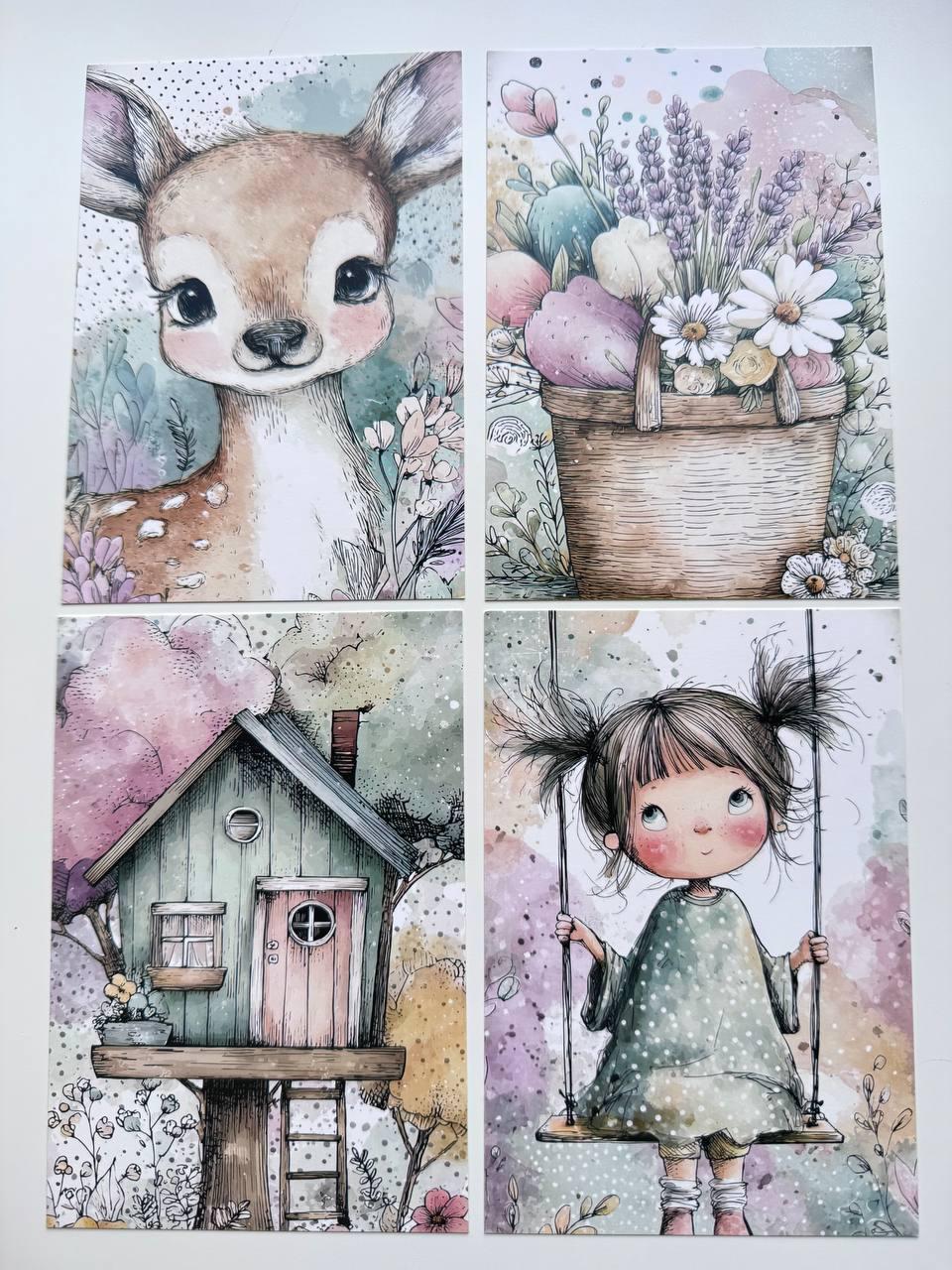 Set of 20 Whimsical Woodland Postcards, Cute Fairy Girl & Animal Cards, Junk Journal Ephemera, Scrapbooking Supplies, 14.5 x 10 cm