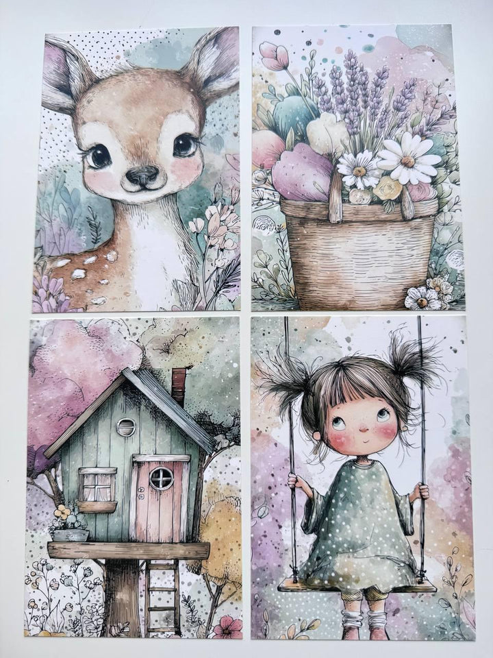 Set of 20 Whimsical Woodland Postcards, Cute Fairy Girl & Animal Cards, Junk Journal Ephemera, Scrapbooking Supplies, 14.5 x 10 cm