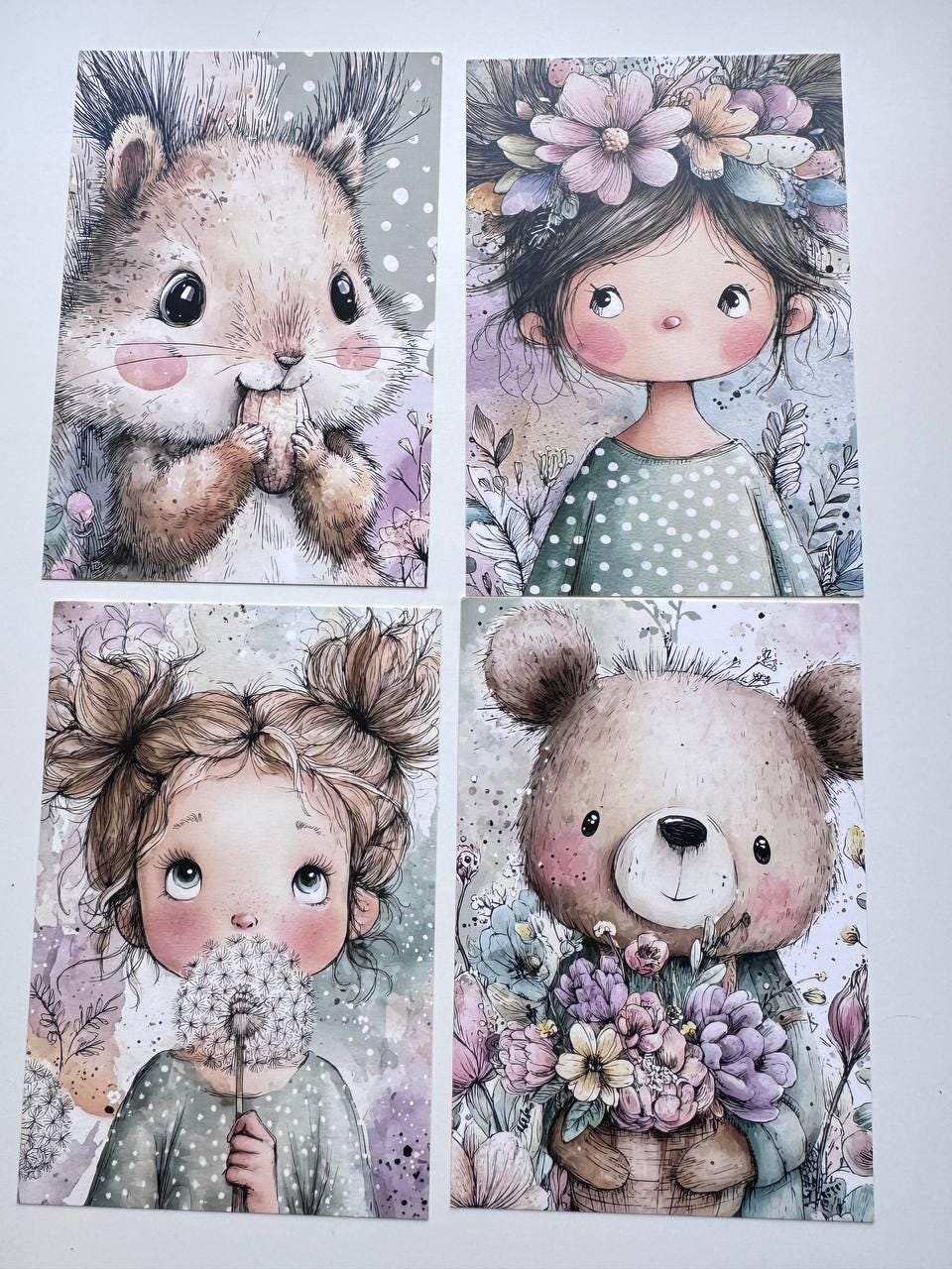 Set of 20 Whimsical Woodland Postcards, Cute Fairy Girl & Animal Cards, Junk Journal Ephemera, Scrapbooking Supplies, 14.5 x 10 cm