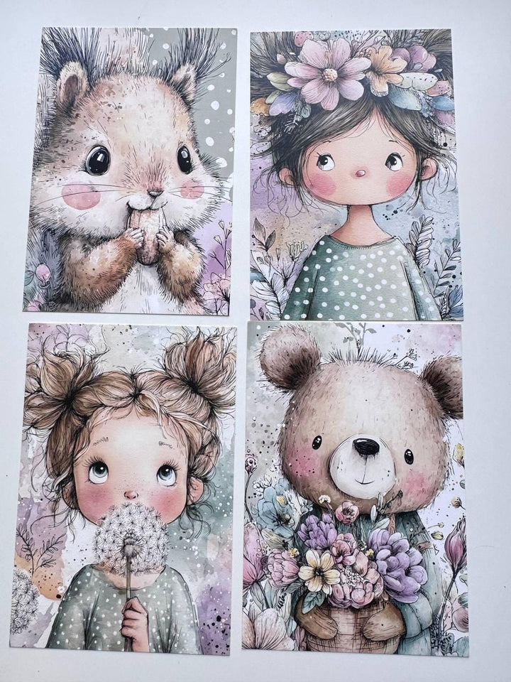 Set of 20 Whimsical Woodland Postcards, Cute Fairy Girl & Animal Cards, Junk Journal Ephemera, Scrapbooking Supplies, 14.5 x 10 cm