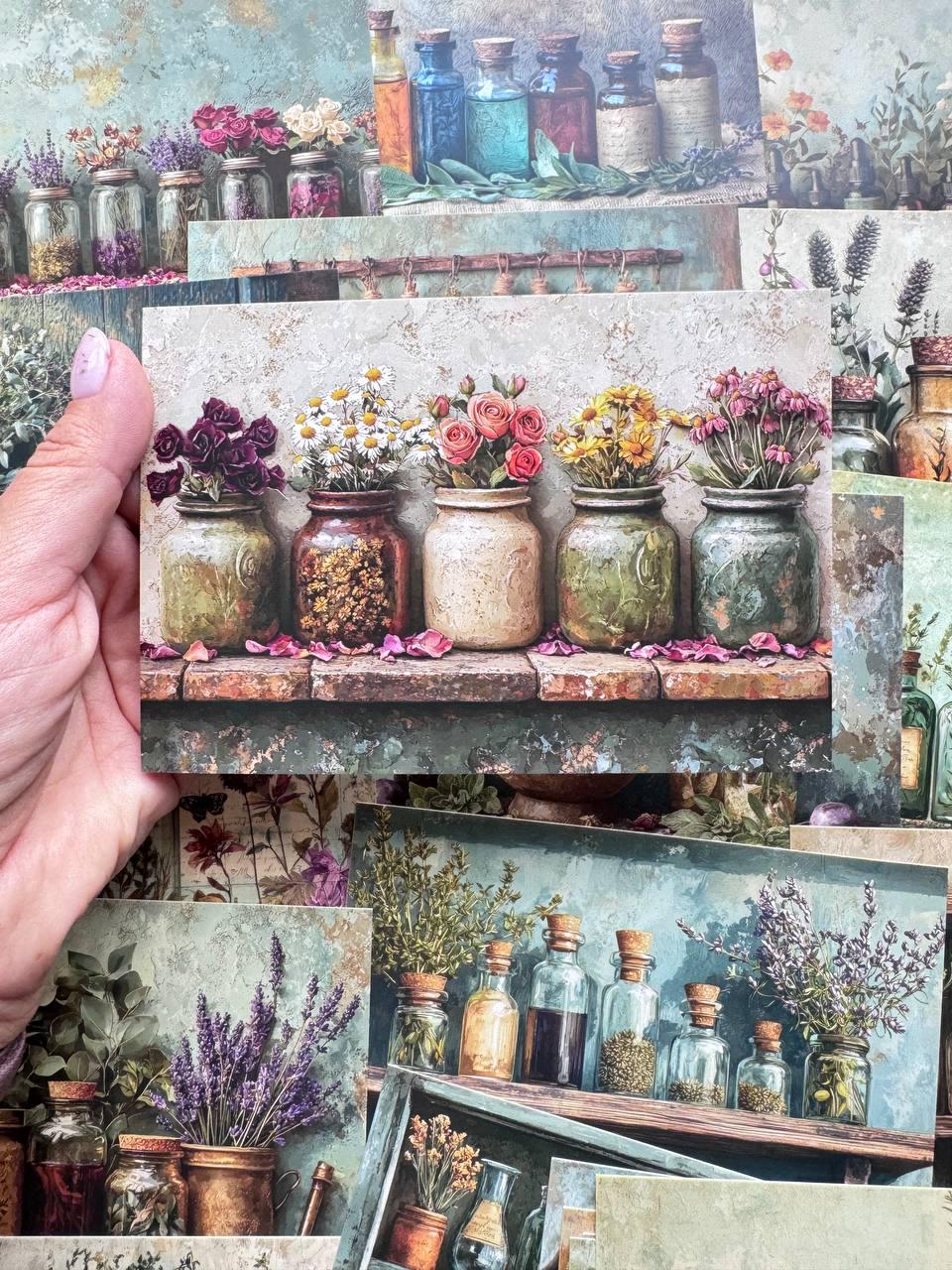 Set of 20 Vintage Botanical Postcards, Apothecary Herb & Flower Cards, Junk Journal Ephemera, Scrapbooking Supplies, 14.5 x 10 cm