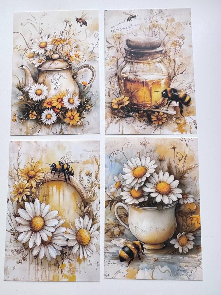 Set of 20 Bee & Honey Postcards, Botanical Wildflower Cards, Bumblebee Ephemera for Junk Journal, Scrapbooking, 14.5 x 10 cm