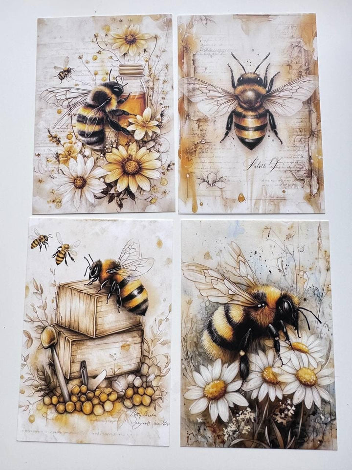Set of 20 Bee & Honey Postcards, Botanical Wildflower Cards, Bumblebee Ephemera for Junk Journal, Scrapbooking, 14.5 x 10 cm