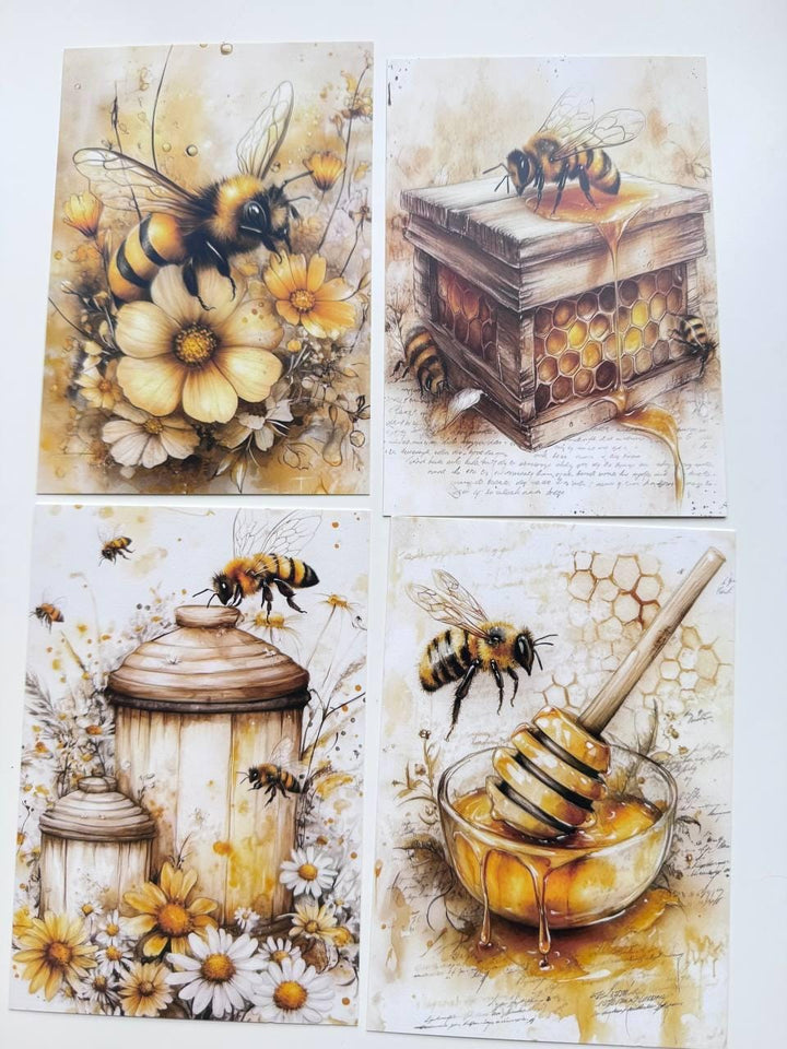 Set of 20 Bee & Honey Postcards, Botanical Wildflower Cards, Bumblebee Ephemera for Junk Journal, Scrapbooking, 14.5 x 10 cm