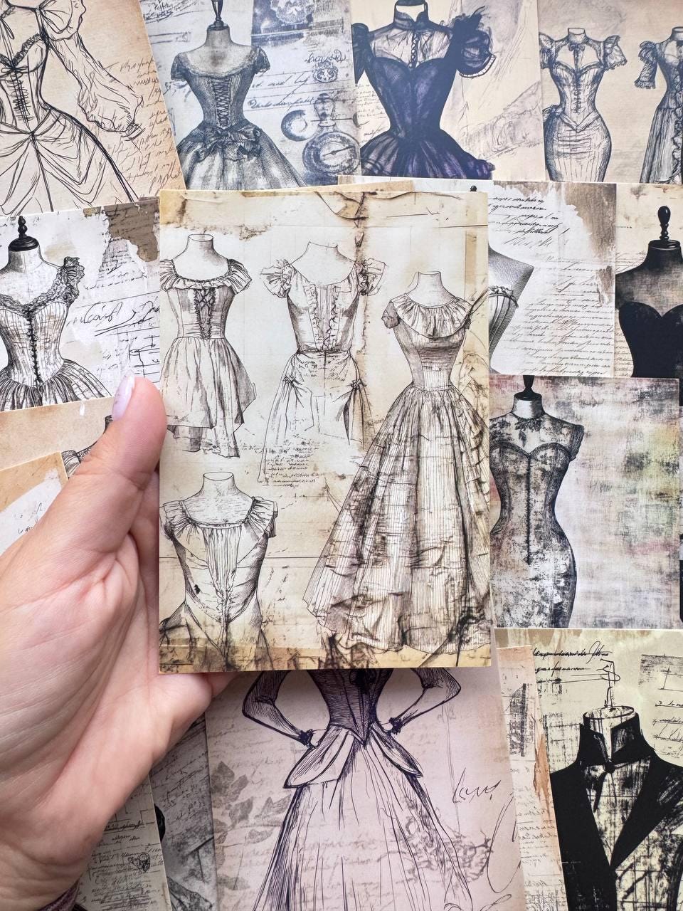 Set of 20 Vintage Fashion Postcards, Dressmaking & Corset Illustrations, Victorian Sewing Ephemera for Junk Journal, 14.5 x 10 cm