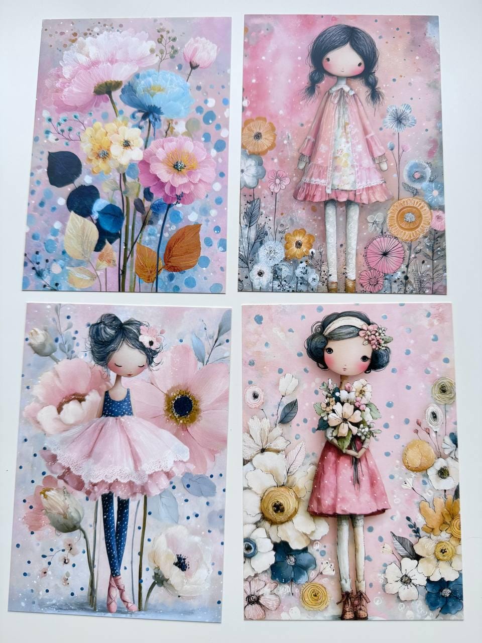 Set of 20 Cute Girl Postcards, Pastel Floral Illustrations, Whimsical Art Cards for Junk Journal & Scrapbooking, 14.5 x 10 cm