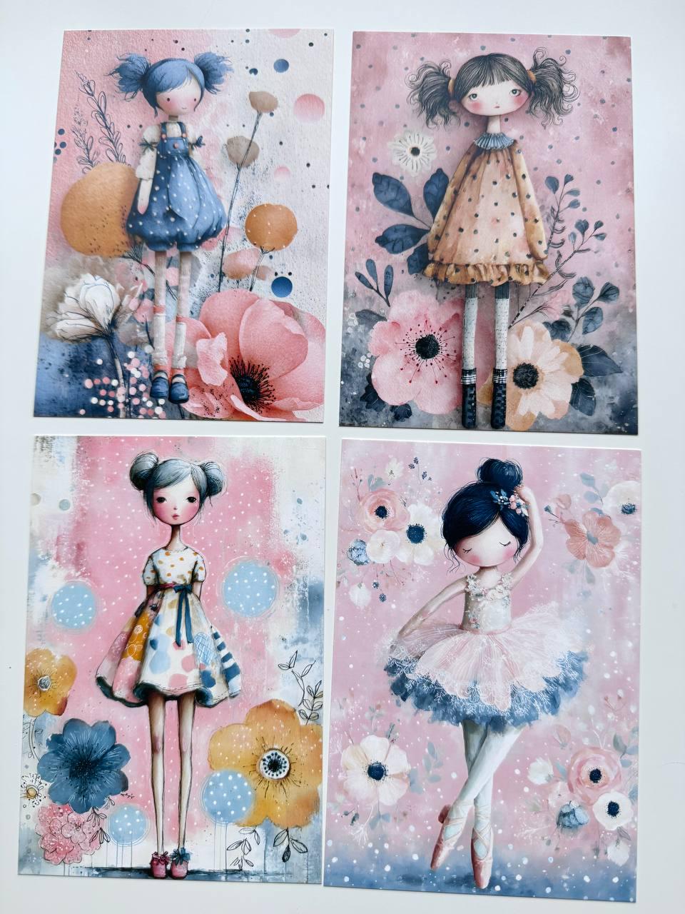 Set of 20 Cute Girl Postcards, Pastel Floral Illustrations, Whimsical Art Cards for Junk Journal & Scrapbooking, 14.5 x 10 cm