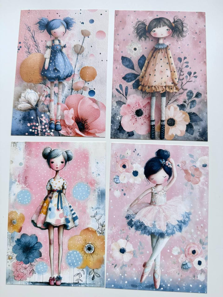 Set of 20 Cute Girl Postcards, Pastel Floral Illustrations, Whimsical Art Cards for Junk Journal & Scrapbooking, 14.5 x 10 cm