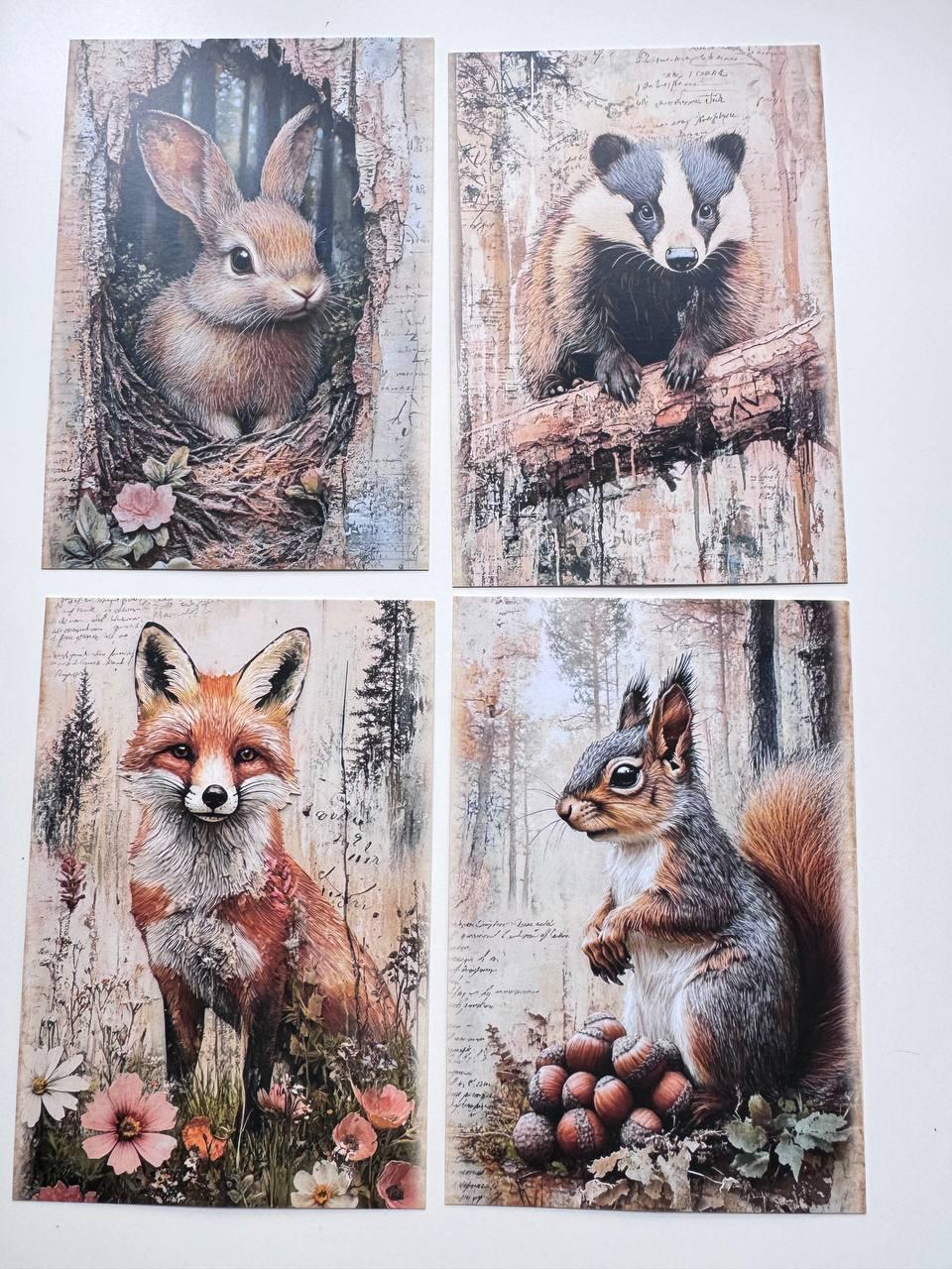 Set of 20 Woodland Animal Postcards, Vintage Forest Wildlife Cards, Rabbit Deer Fox Bird Ephemera for Junk Journal & Scrapbooking