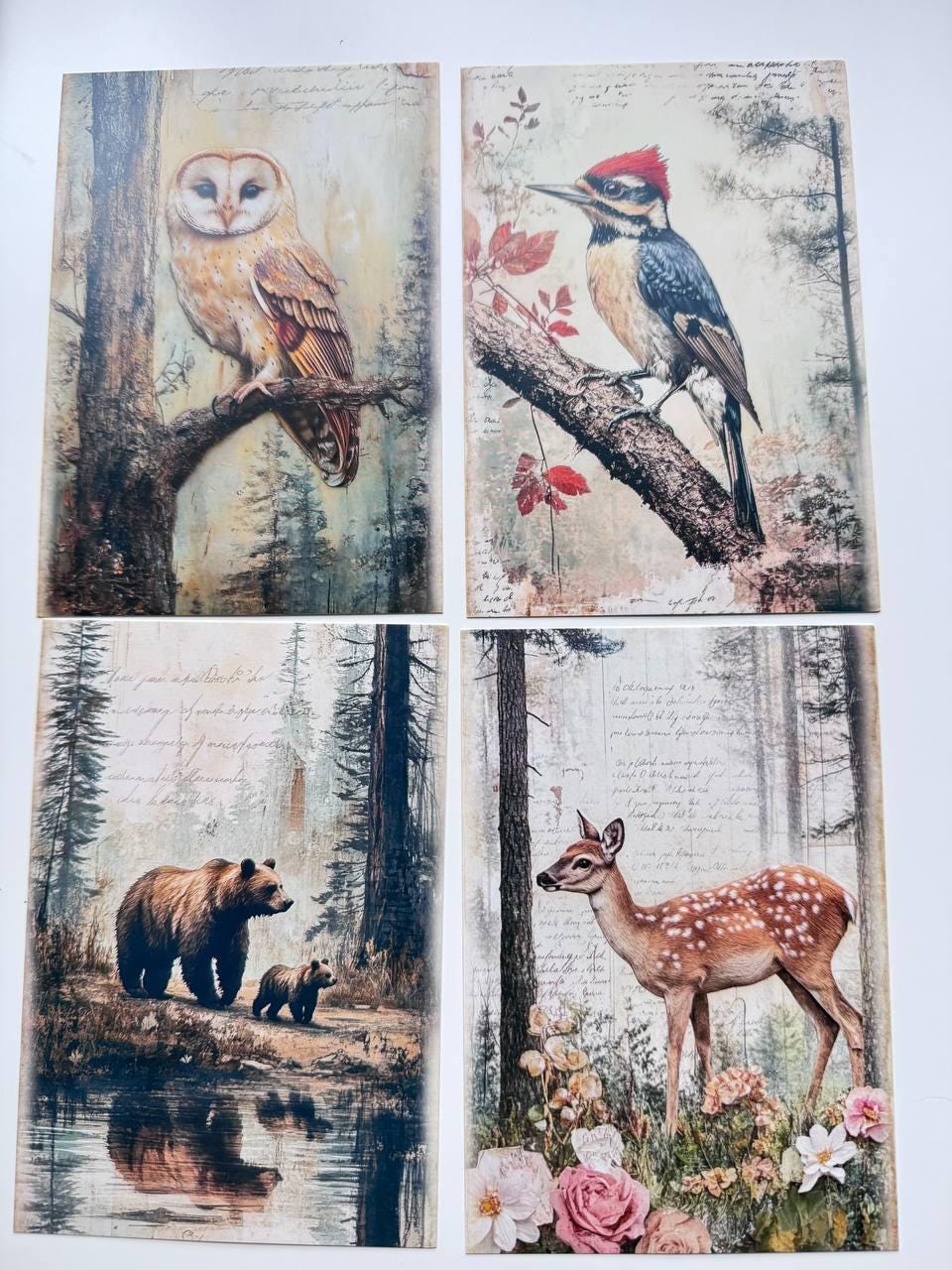 Set of 20 Woodland Animal Postcards, Vintage Forest Wildlife Cards, Rabbit Deer Fox Bird Ephemera for Junk Journal & Scrapbooking