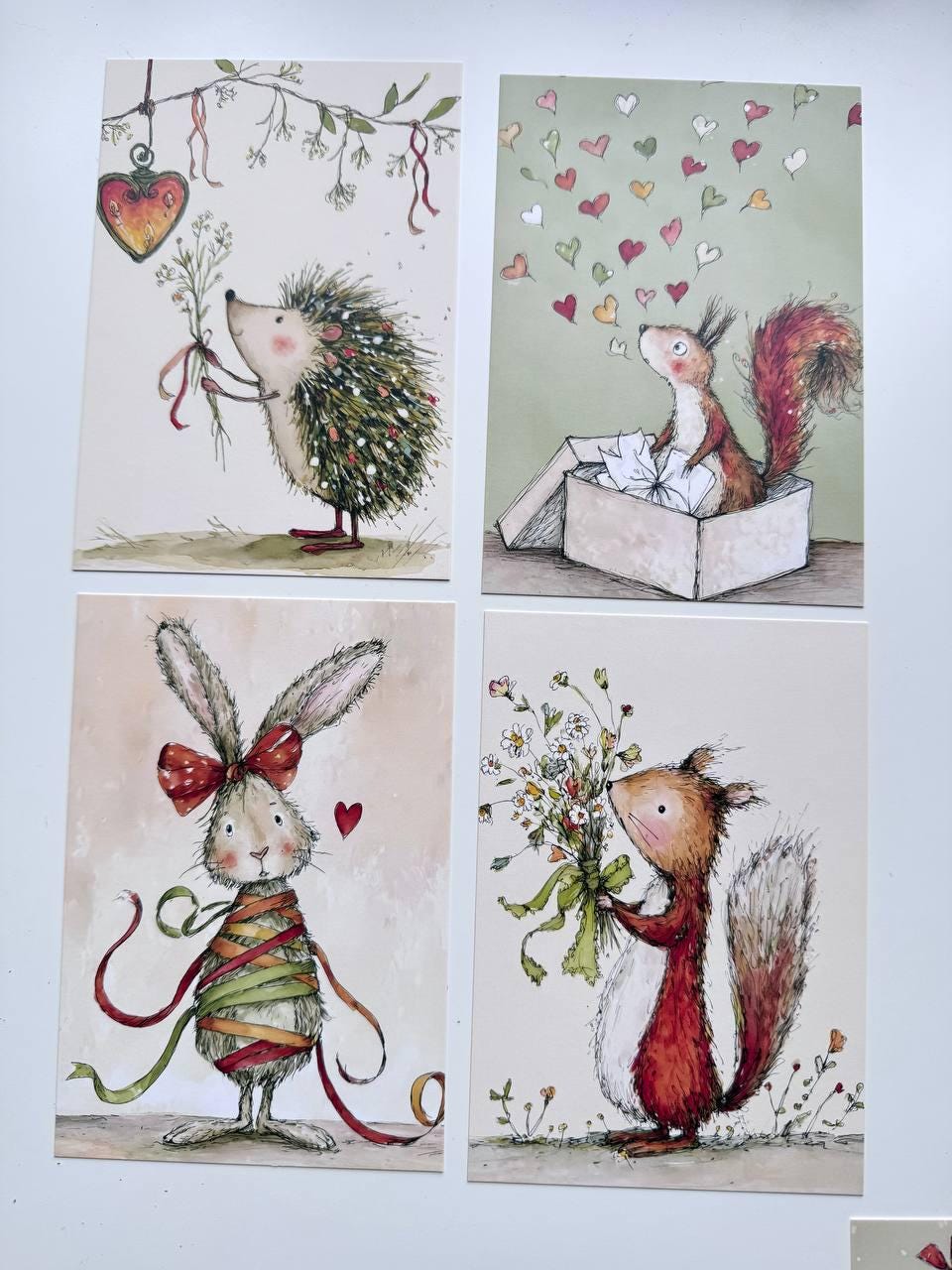 Set of 20 Cute Valentine Postcards, Love Animals Cards, Mice Bunny Squirrel Illustrations, 14.5 x 10 cm, Junk Journal Supplies
