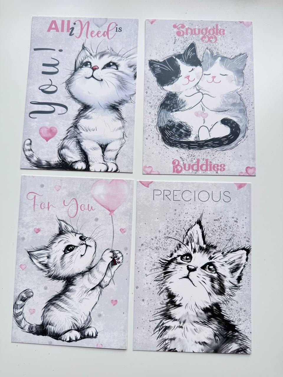 Set of 20 Cute Cat Valentine Postcards, Pink Love Kitty Cards, Romantic Cat Illustrations, 14.5 x 10 cm, Junk Journal Supplies