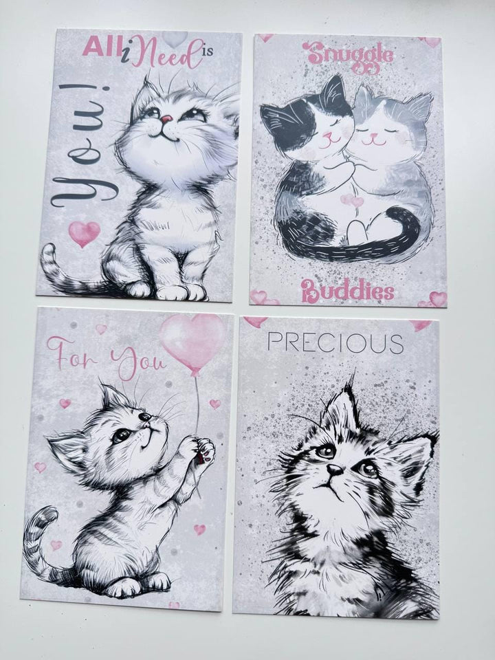 Set of 20 Cute Cat Valentine Postcards, Pink Love Kitty Cards, Romantic Cat Illustrations, 14.5 x 10 cm, Junk Journal Supplies
