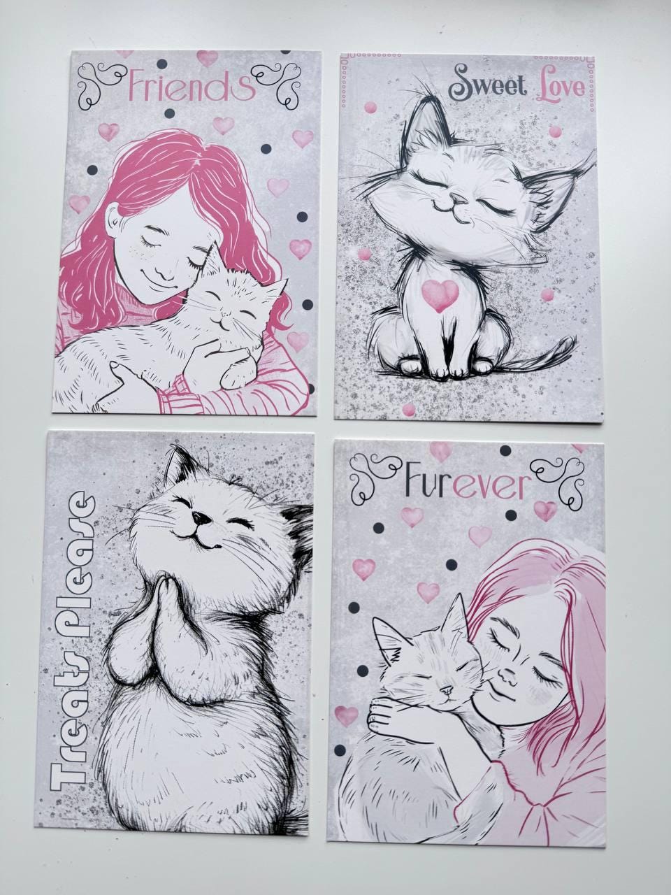 Set of 20 Cute Cat Valentine Postcards, Pink Love Kitty Cards, Romantic Cat Illustrations, 14.5 x 10 cm, Junk Journal Supplies