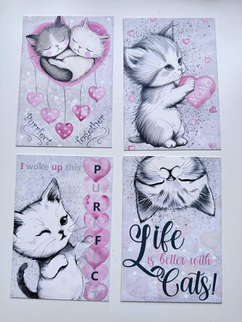 Set of 20 Cute Cat Valentine Postcards, Pink Love Kitty Cards, Romantic Cat Illustrations, 14.5 x 10 cm, Junk Journal Supplies