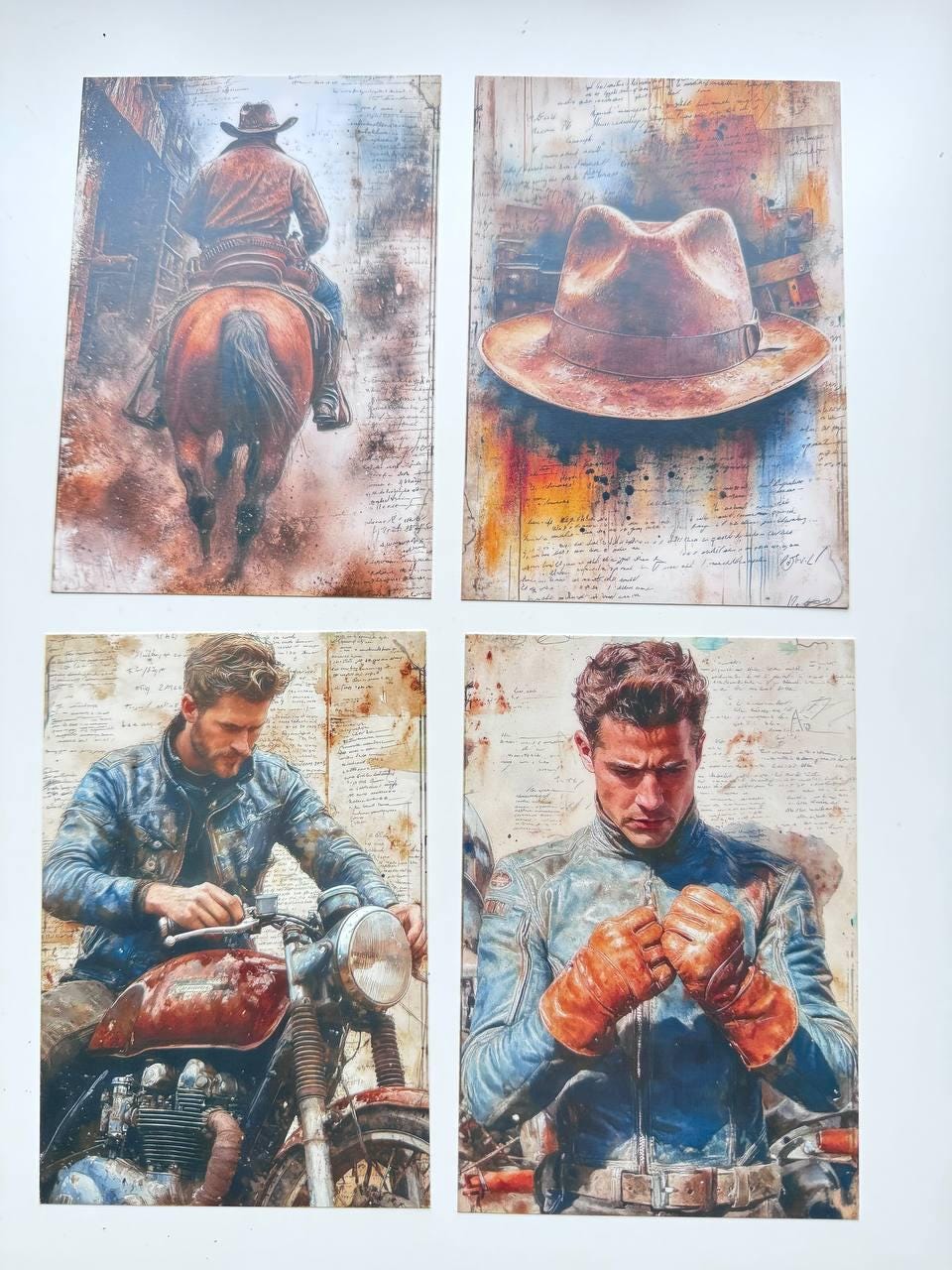 Set of 20 Vintage Masculine Postcards, Motorbike & Western Cards, Retro Men Ephemera, 14.5 x 10 cm, Junk Journal Scrapbook Supplies