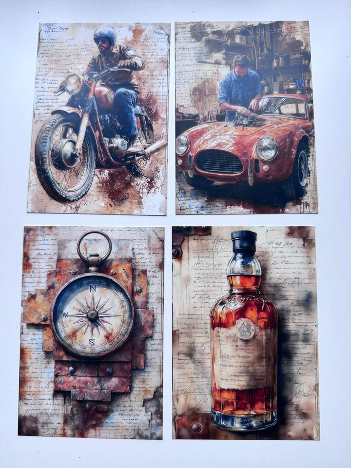 Set of 20 Vintage Masculine Postcards, Motorbike & Western Cards, Retro Men Ephemera, 14.5 x 10 cm, Junk Journal Scrapbook Supplies