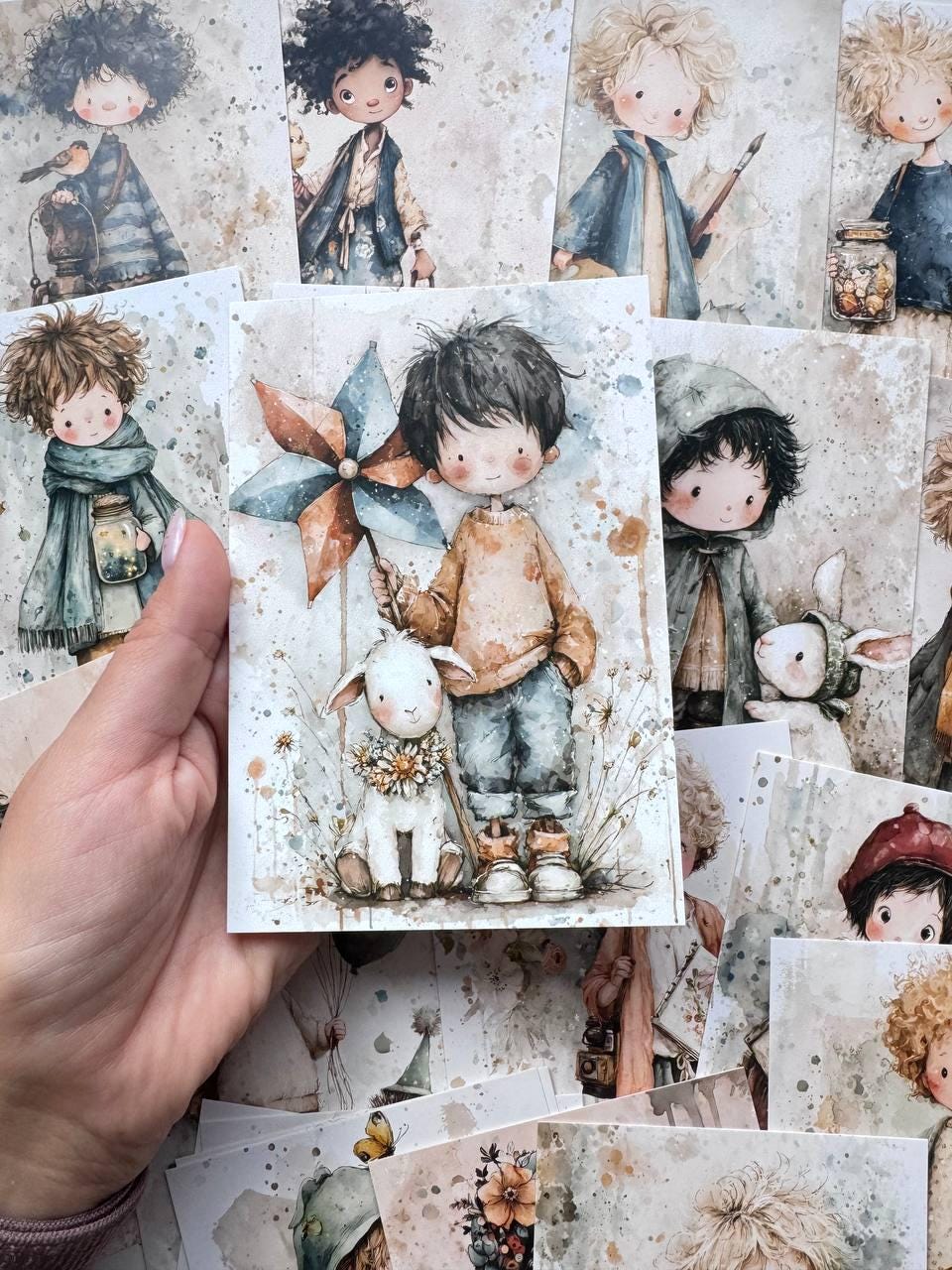 Set of 20 Cute Children Postcards, Whimsical Kids & Animals, Watercolour Illustration Cards, 14.5 x 10 cm, Junk Journal Ephemera