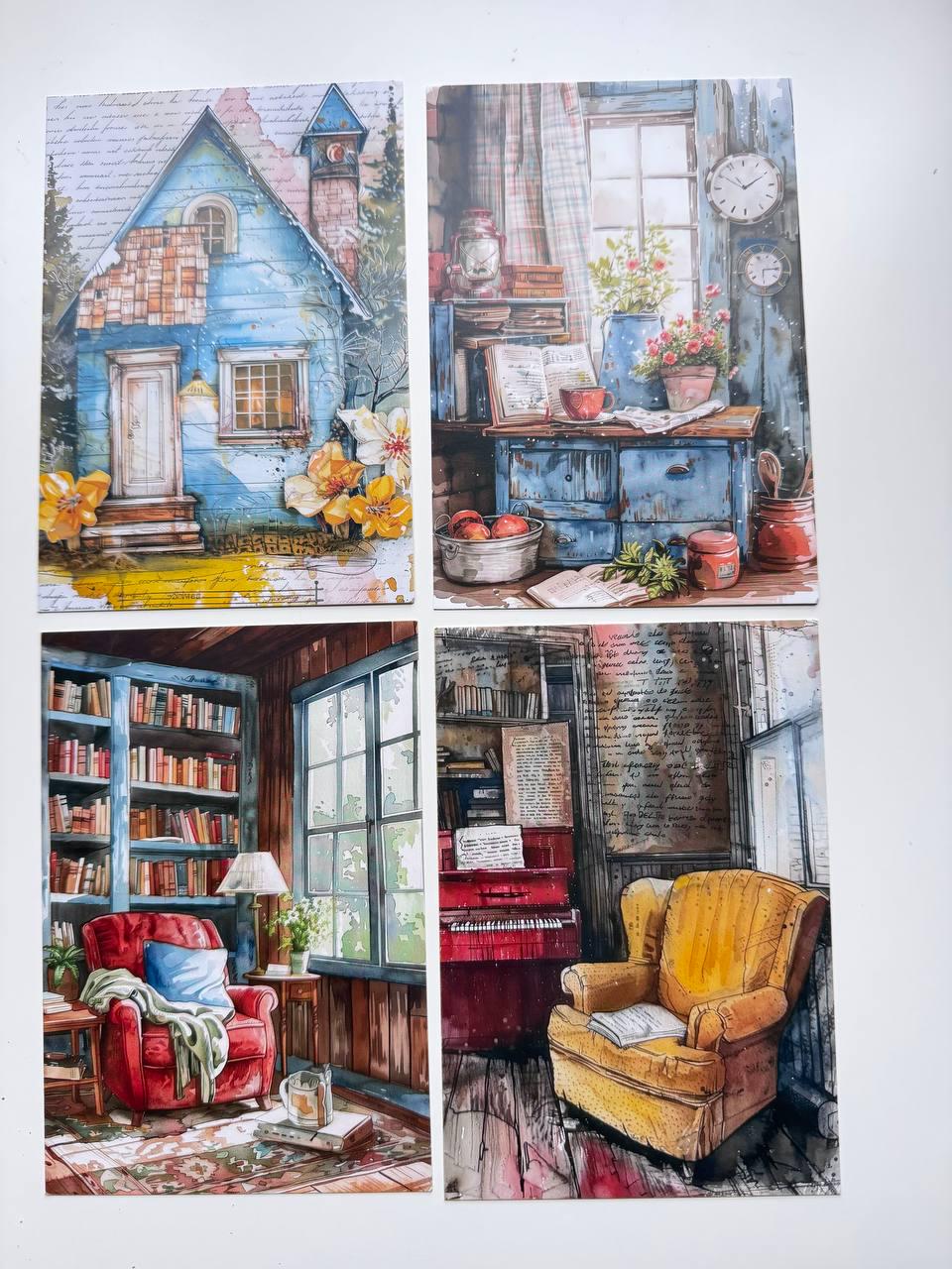 Set of 20 Cosy Home Postcards, Cottage & Interior Illustration Cards, 14.5 x 10 cm, Junk Journal Ephemera, Scrapbooking Supplies