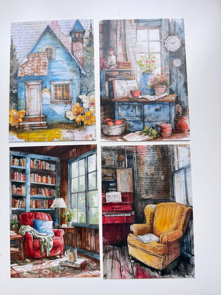 Set of 20 Cosy Home Postcards, Cottage & Interior Illustration Cards, 14.5 x 10 cm, Junk Journal Ephemera, Scrapbooking Supplies