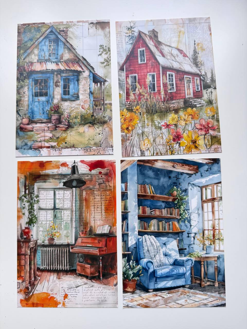 Set of 20 Cosy Home Postcards, Cottage & Interior Illustration Cards, 14.5 x 10 cm, Junk Journal Ephemera, Scrapbooking Supplies