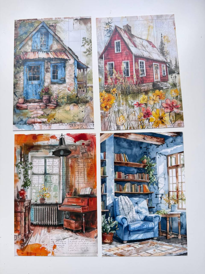 Set of 20 Cosy Home Postcards, Cottage & Interior Illustration Cards, 14.5 x 10 cm, Junk Journal Ephemera, Scrapbooking Supplies