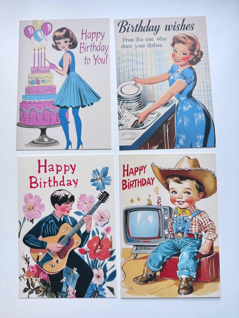 Set of 20 Vintage Birthday Postcards, Retro Birthday Illustration Cards, 14.5 x 10 cm, Scrapbooking & Junk Journal Ephemera