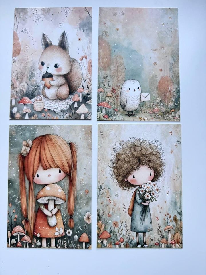 Set of 20 Cute Woodland Postcards, Girls Mushrooms & Forest Animals, Whimsical Art Cards, 14.5 x 10 cm, Junk Journal Scrapbook Supplies