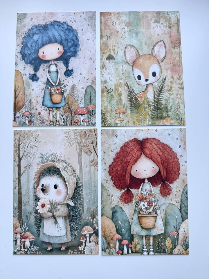 Set of 20 Cute Woodland Postcards, Girls Mushrooms & Forest Animals, Whimsical Art Cards, 14.5 x 10 cm, Junk Journal Scrapbook Supplies