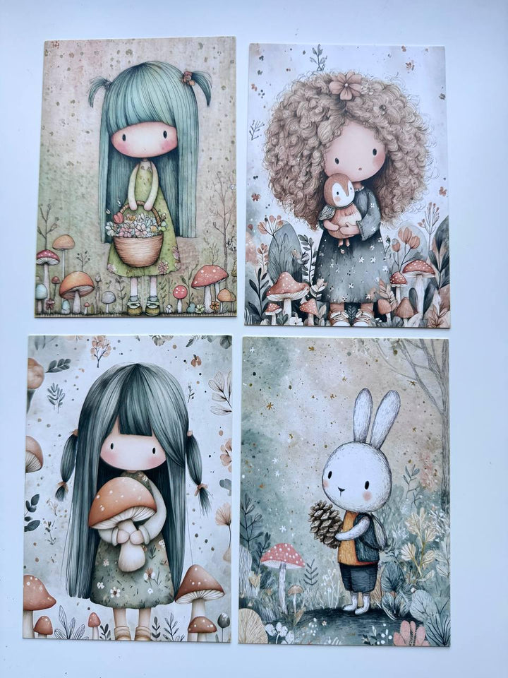 Set of 20 Cute Woodland Postcards, Girls Mushrooms & Forest Animals, Whimsical Art Cards, 14.5 x 10 cm, Junk Journal Scrapbook Supplies