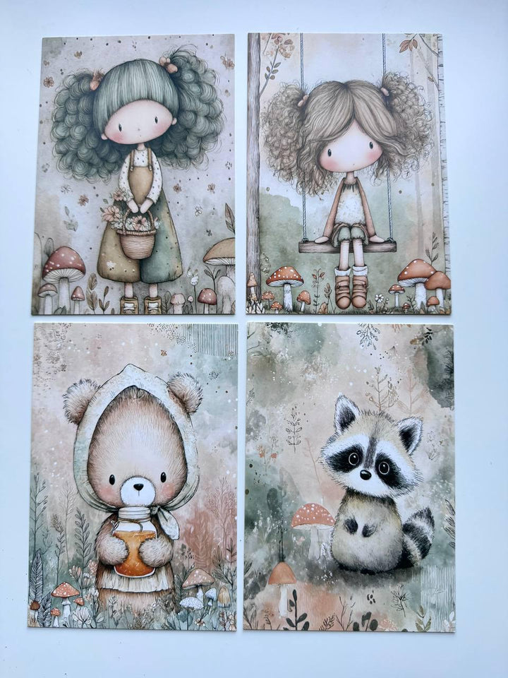 Set of 20 Cute Woodland Postcards, Girls Mushrooms & Forest Animals, Whimsical Art Cards, 14.5 x 10 cm, Junk Journal Scrapbook Supplies