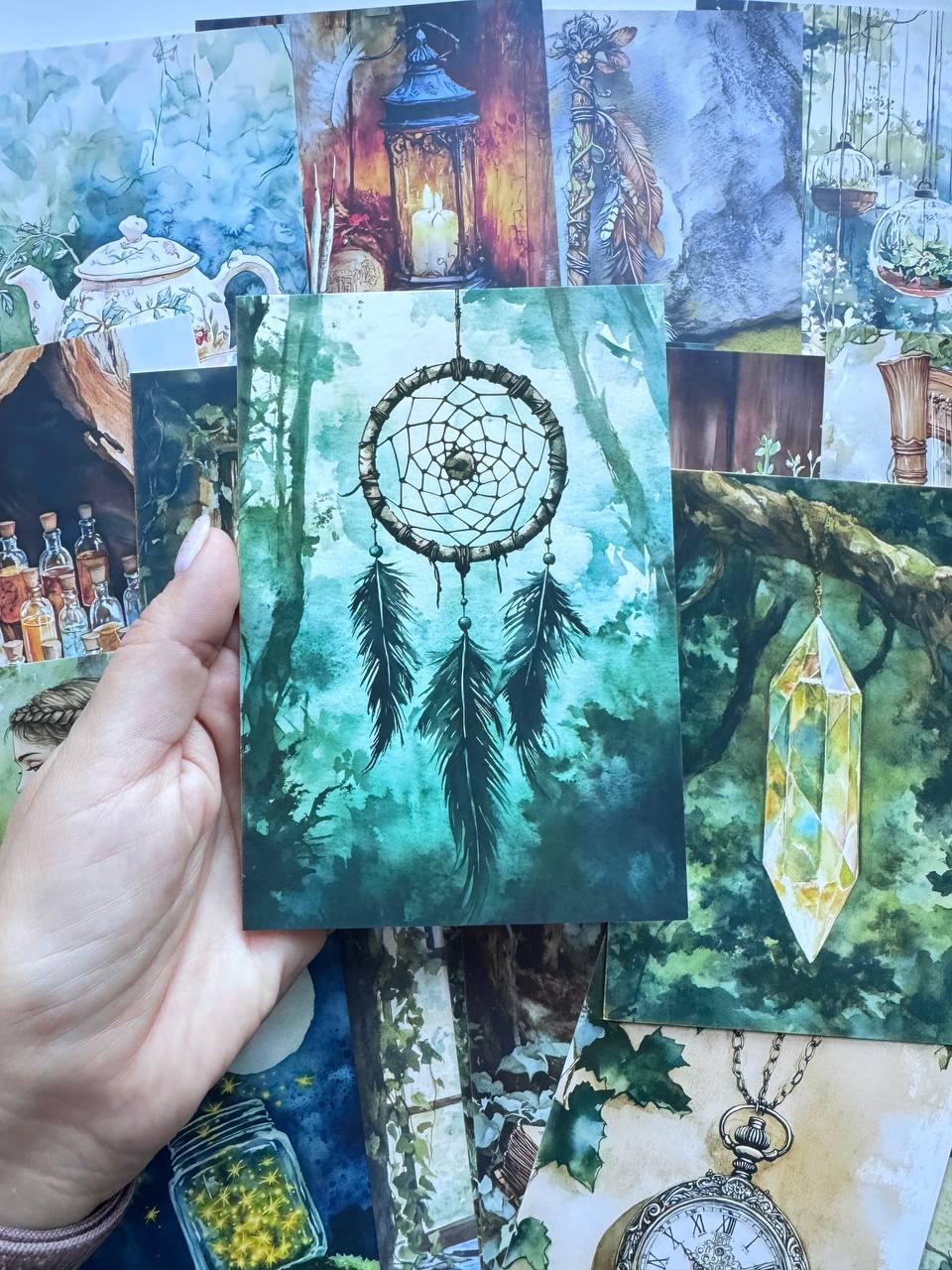 Set of 20 Mystical Forest Postcards, Dreamcatcher Potion Bottles, Magical Woodland Art Cards, 14.5 x 10 cm, Junk Journal Ephemera