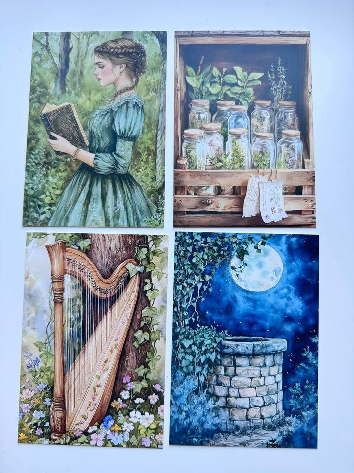 Set of 20 Mystical Forest Postcards, Dreamcatcher Potion Bottles, Magical Woodland Art Cards, 14.5 x 10 cm, Junk Journal Ephemera